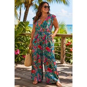 Vibrant Teal Floral  Jumpsuit sz 14/16 Bloomchic